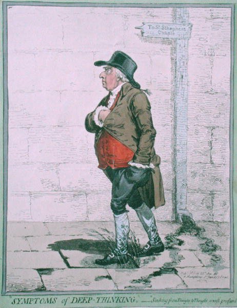 Symptoms of Deep Thinking, udgivet af Hannah Humphrey i 1800 (håndkoloreret radering) af James Gillray