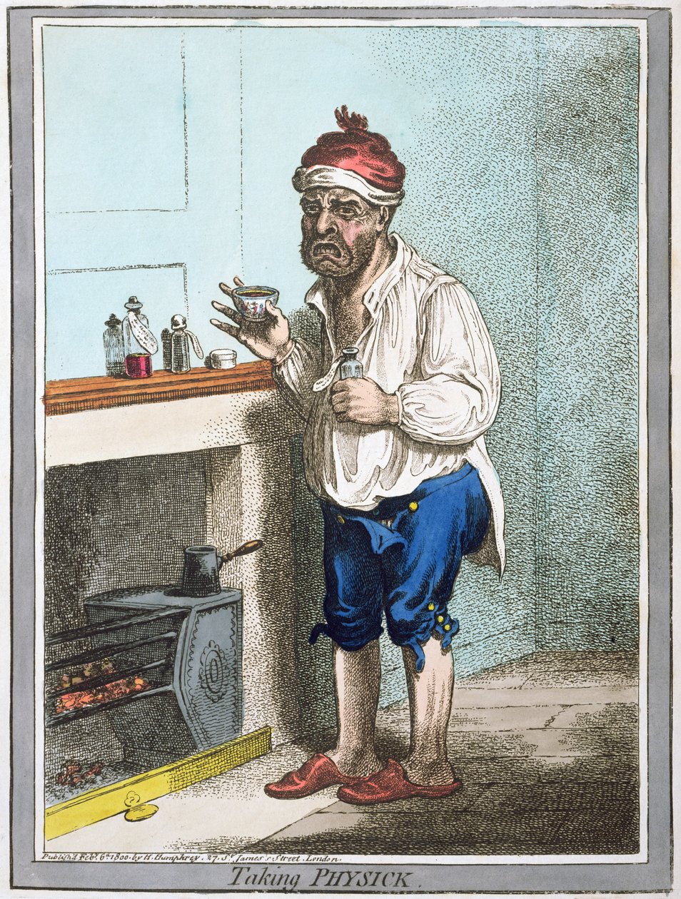 Taking Physick, udgivet af Hannah Humphrey i 1800 (håndkoloreret radering) af James Gillray