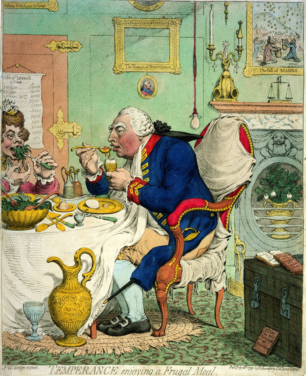 Afholdenhed nyder et sparsomt måltid, udgivet af Hannah Humphrey, 1792 af James Gillray
