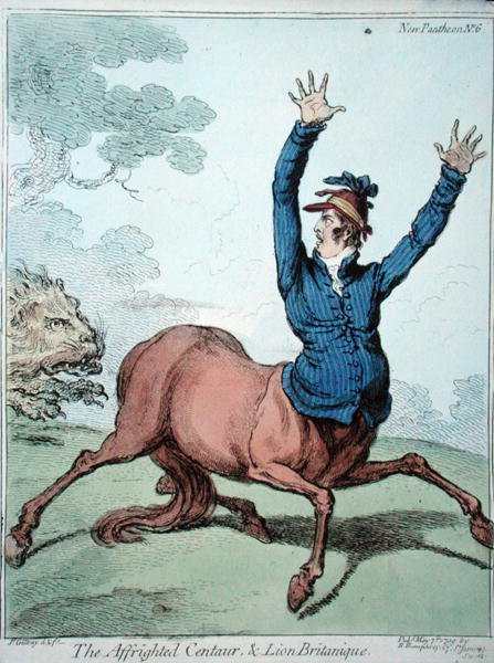 The Affrighted Centaur and the Lion Britanique, udgivet af Hannah Humphrey i 1799 (håndkoloreret radering) af James Gillray
