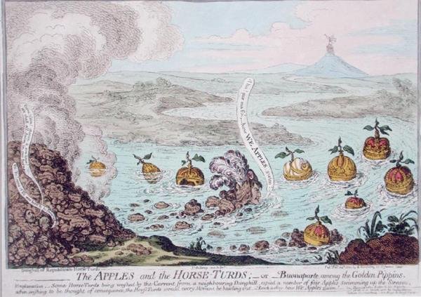 The Apples and the Horse-Turds, eller Buonaparte Among the Golden Pippins, udgivet af Hannah Humphrey i 1800 (håndfarvet radering) af James Gillray
