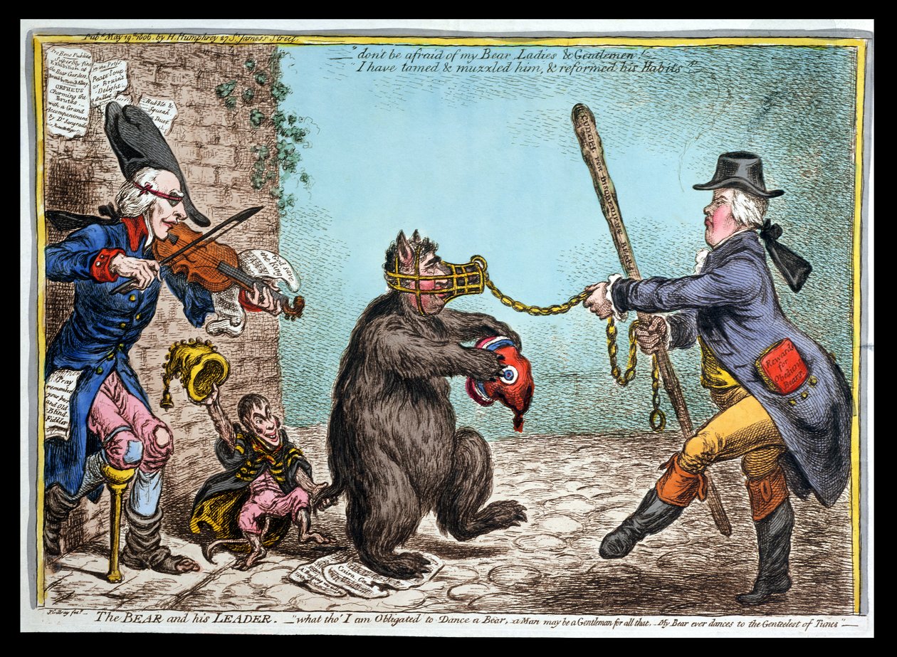 The Bear and his Leader, udgivet af Hannah Humphrey i 1806 (håndfarvet radering) af James Gillray
