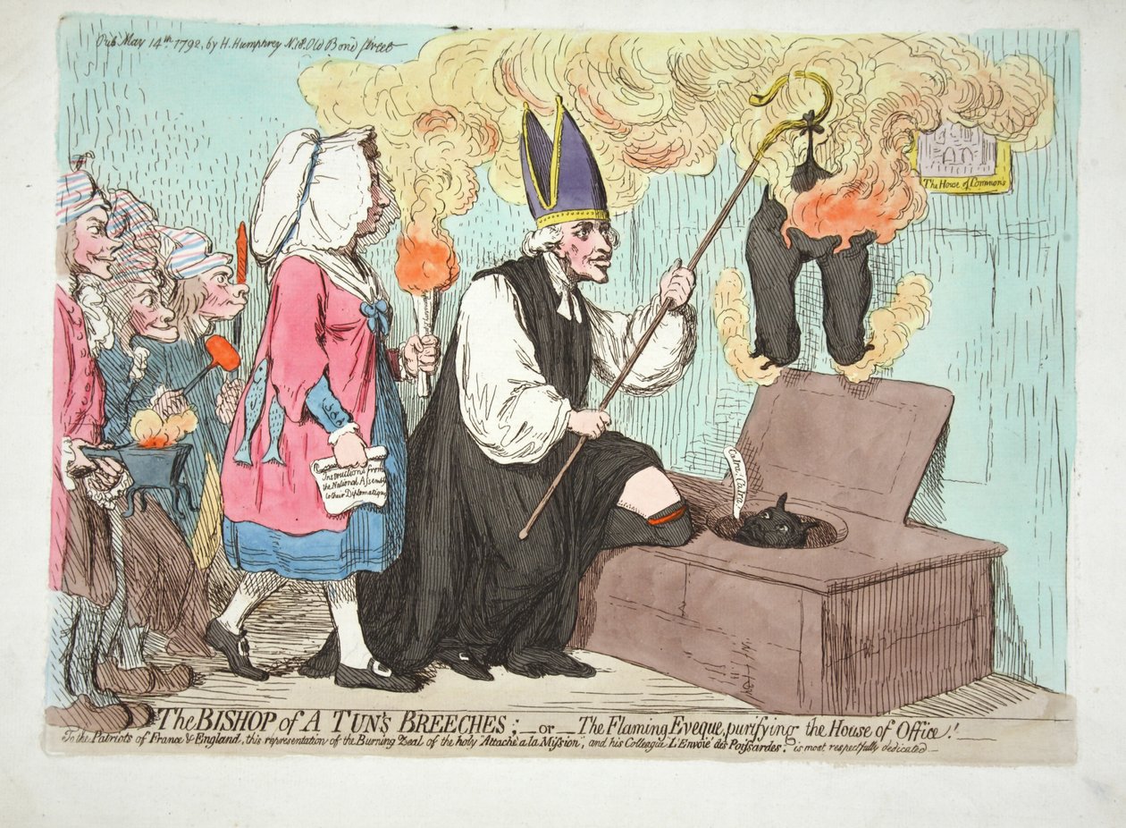 Biskoppen af A Tuns Breeches; - Den flammende Eveque, der renser embedshuset! Til Patrioter i Frankrig og England, denne fremstilling af den brændende iver hos den hellige Attaceh a la Mission, og af James Gillray