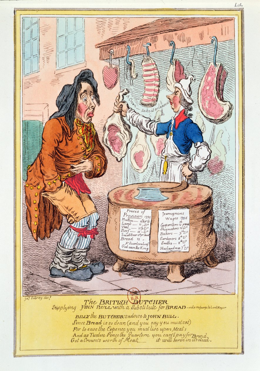 "Den britiske slagter, der forsyner John Bull med en erstatning for brød", 1795 af James Gillray