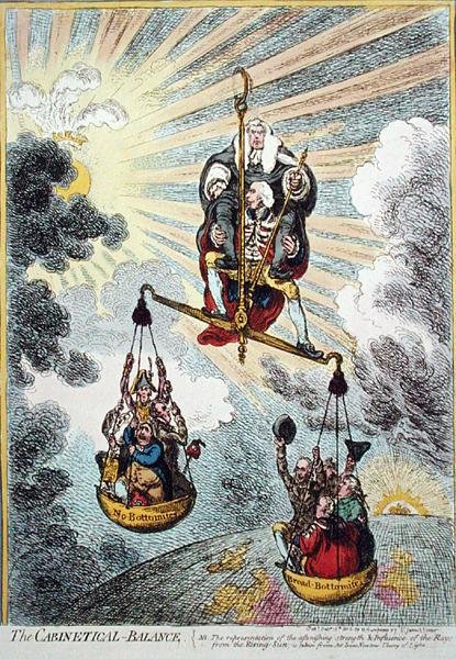 The Cabinetical Balance, udgivet af Hannah Humphrey i 1806 (håndfarvet radering) af James Gillray