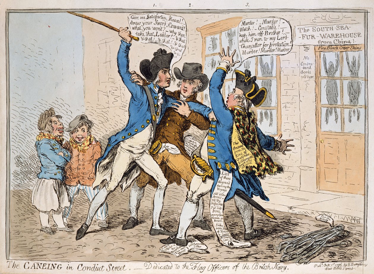 The Caneing in Conduit Street, udgivet af Hannah Humphrey, 1796 (håndfarvet radering) af James Gillray