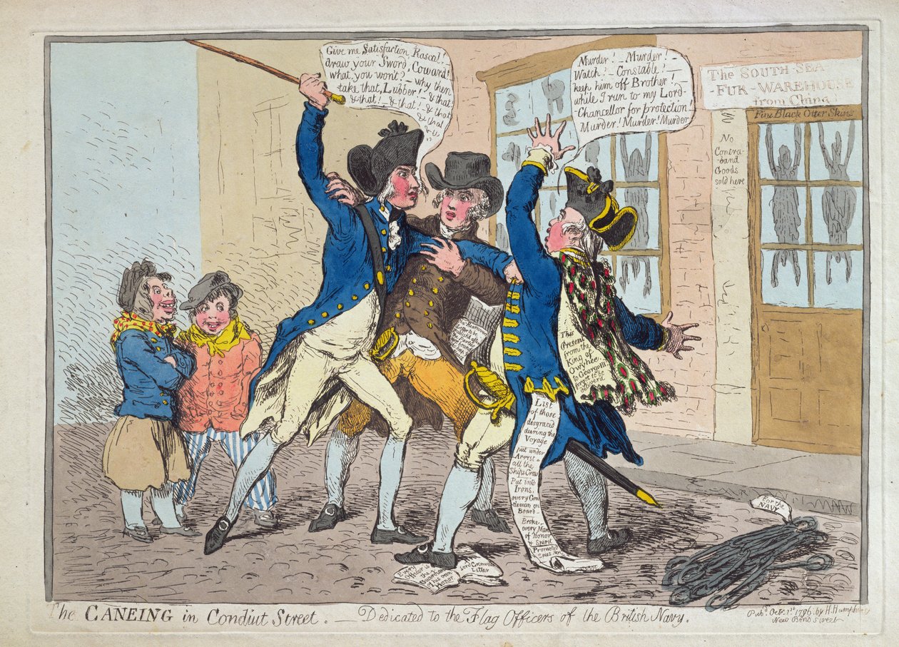 The Caneing in Conduit Street, udgivet af Hannah Humphrey i 1796 (håndfarvet radering) af James Gillray