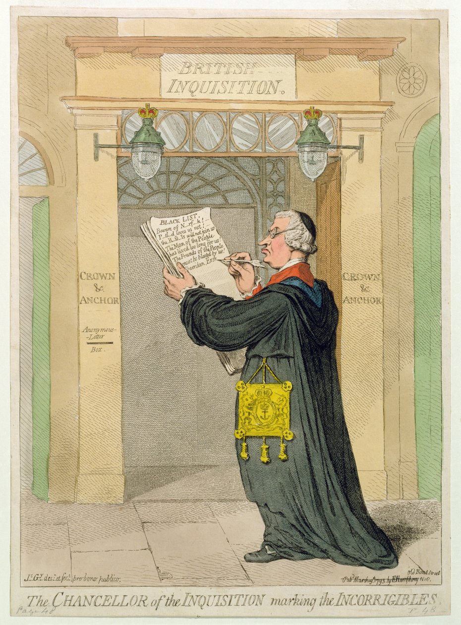The Chancellor of the Inquisition markering the Incorrigibles, udgivet af Hannah Humphrey i 1793 (håndfarvet radering) af James Gillray