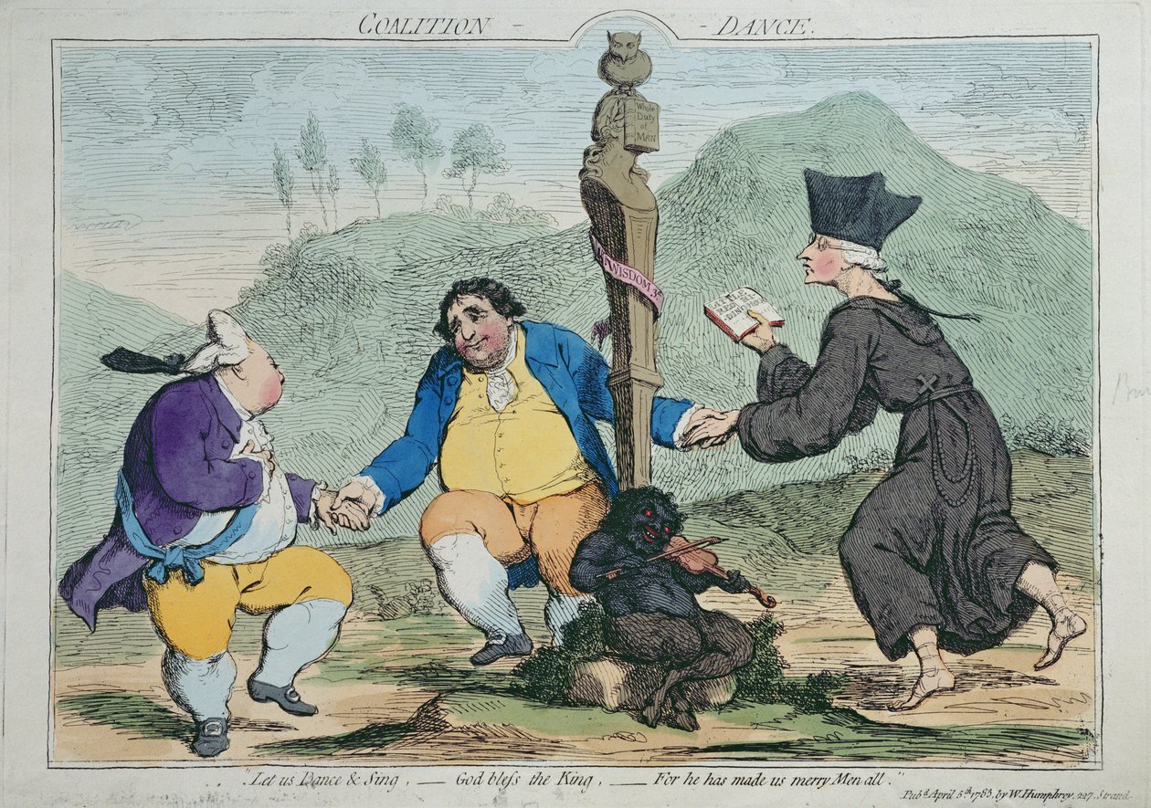 The Coalition-Dance, udgivet af William Humphrey i 1783 (håndfarvet radering) af James Gillray