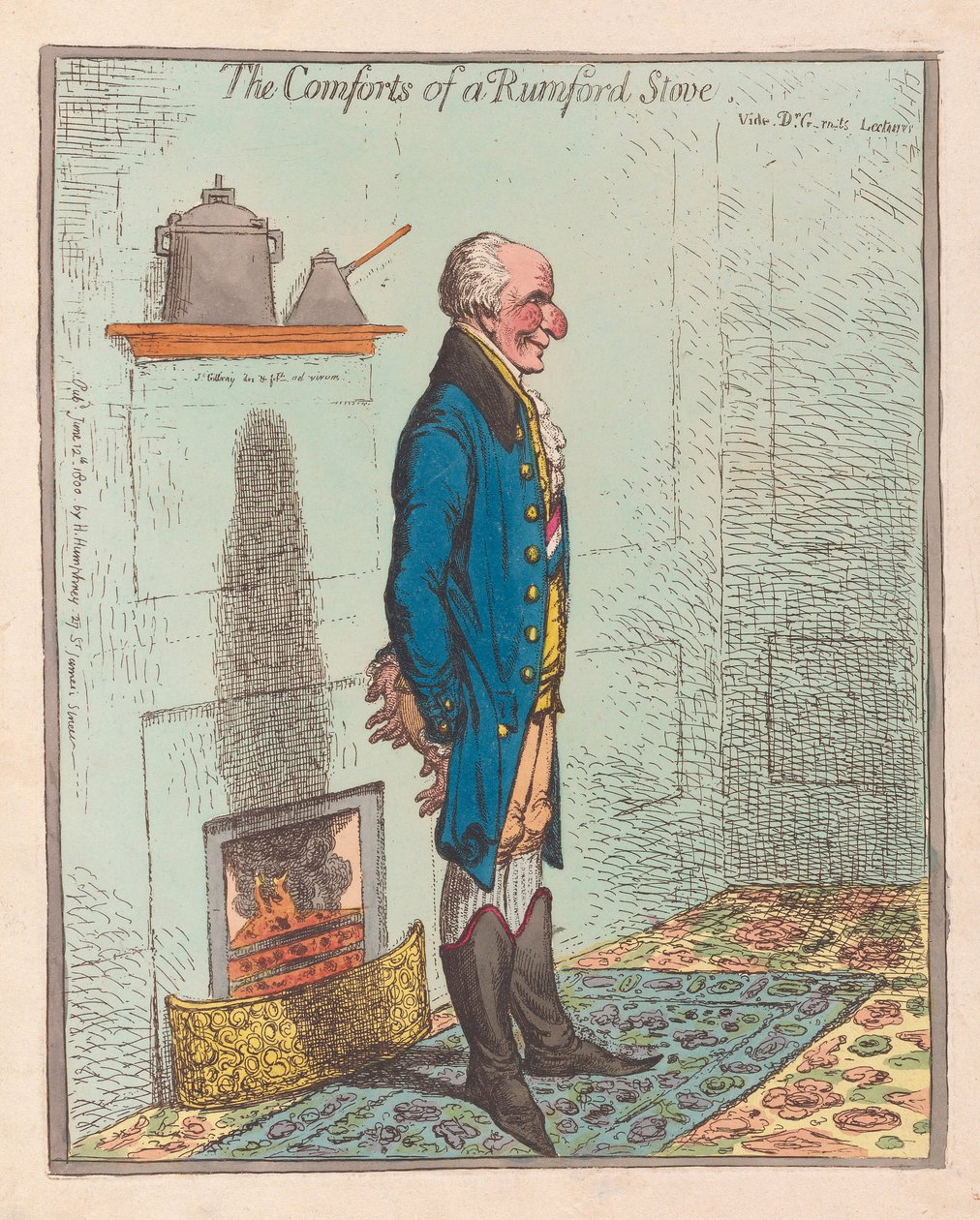 The Comforts of a Rumford Stove, pub 1800 (håndfarvet gravering) af James Gillray