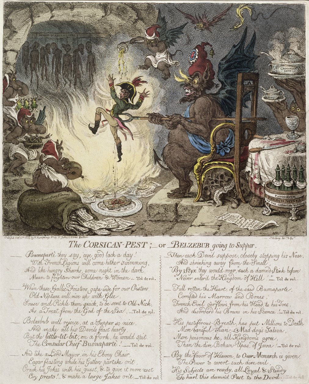 The Corsican Pest, or Belzebub Going to Supper, udgivet af Hannah Humphrey i 1803 (håndkoloreret radering) af James Gillray