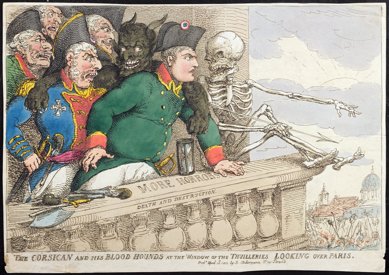 The Corsican and his Blood Hounds at the Window of the Tuileries, Looking over Paris, udgivet af Hannah Humphrey i 1815 (håndfarvet radering) af James Gillray