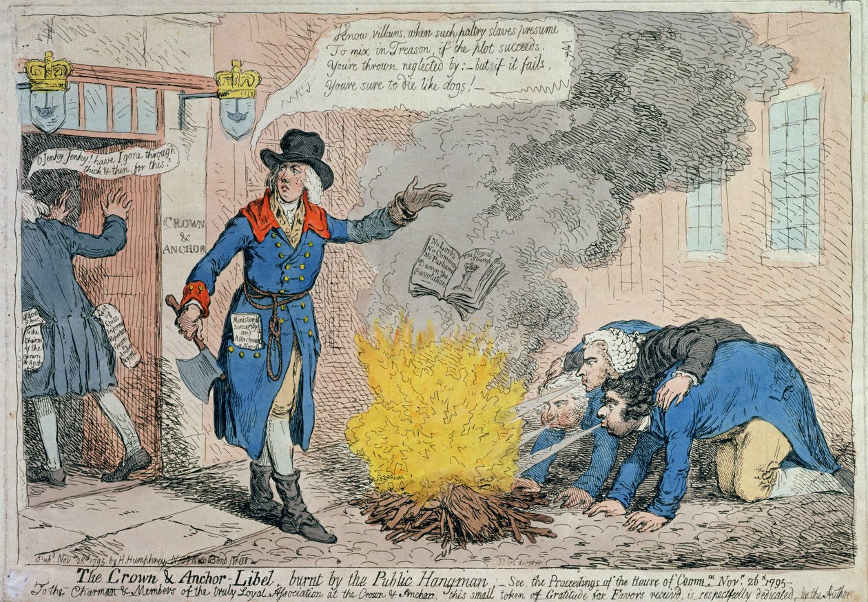 The Crown und Anchor Libel brændt af den offentlige bøddel, udgivet af Hannah Humphrey i 1795 (håndfarvet radering) af James Gillray
