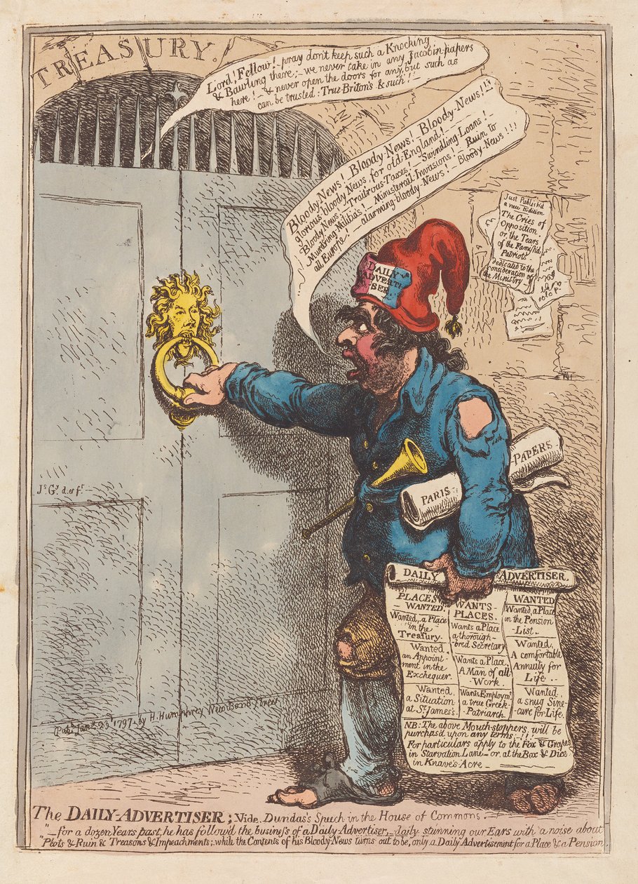 The Daily Advertiser, pub. 1797 (håndfarvet gravering) af James Gillray