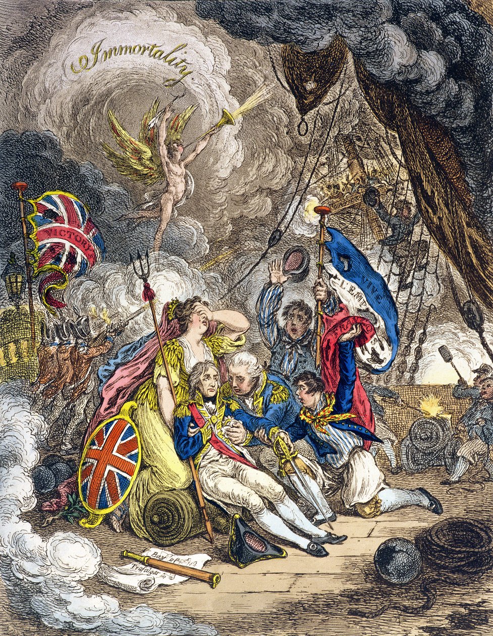 The Death of Admiral Lord Nelson at the Moment of Victory! udgivet af Hannah Humphrey i 1805 (håndkoloreret radering) af James Gillray
