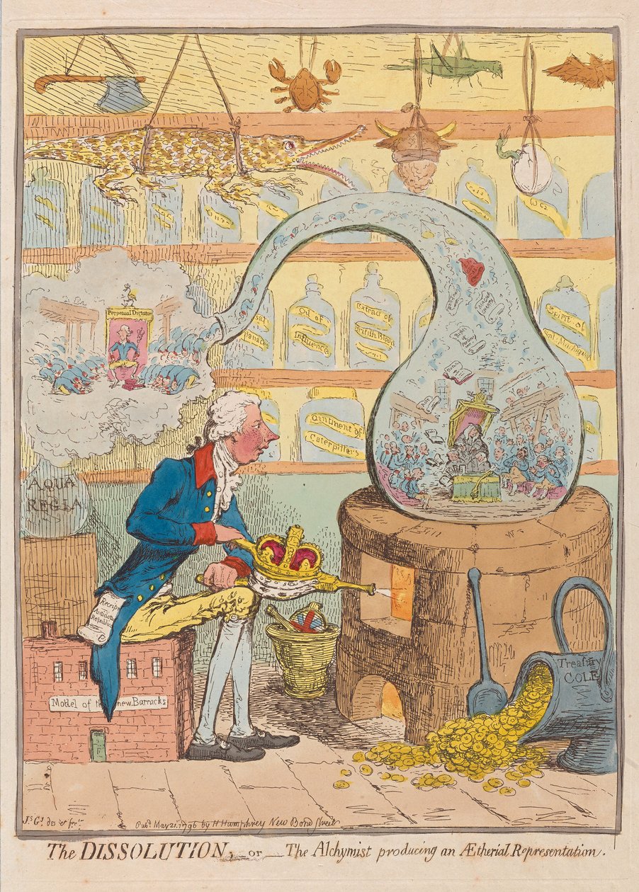 The Dissolution eller The Alchymist producerer en Aetherial Repræsentation, pub. 1796 (håndfarvet gravering) af James Gillray