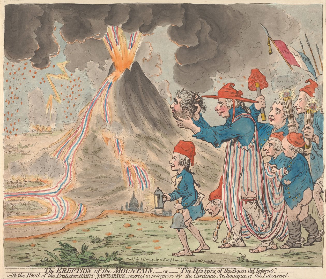 Bjergets udbrud - eller - Rædslerne ved Bocca del Inferno - med hovedet af skytshelgenen Januarius båret i processioner ved Lazzaroniernes kardinalærkebiskop af James Gillray