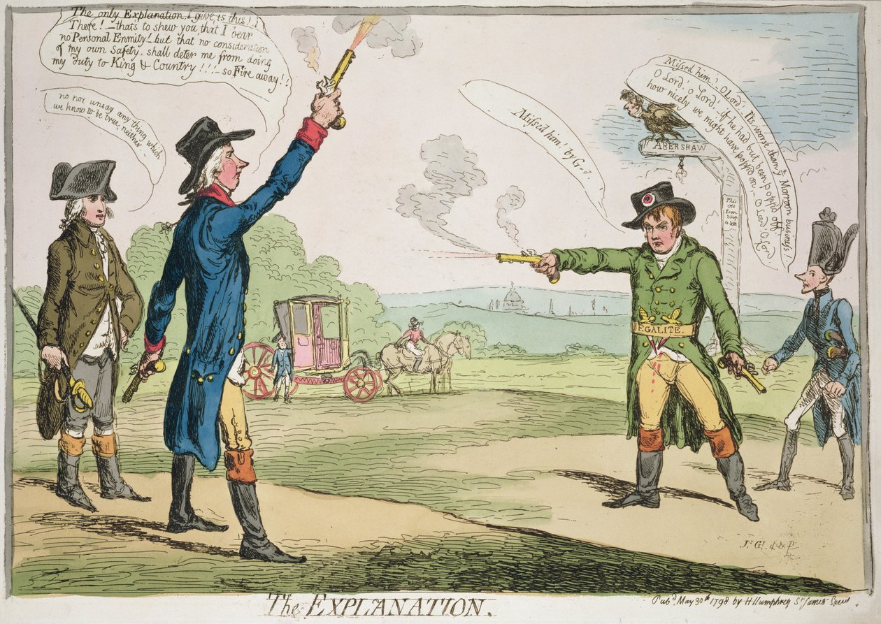 Forklaringen, udgivet af Hannah Humphrey, 1787 håndfarvet radering af James Gillray