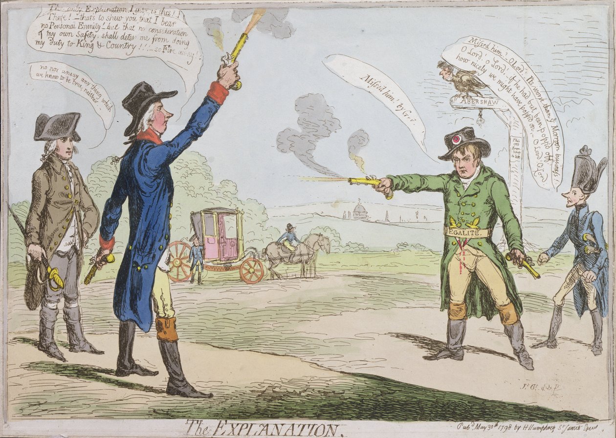 Forklaringen, udgivet af Hannah Humphrey i 1798 (håndfarvet radering) af James Gillray