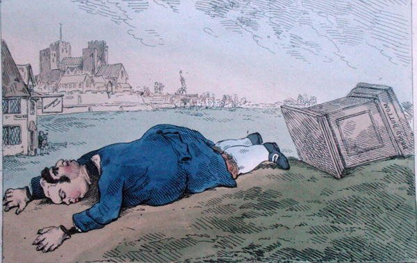 The Fall of Dagon, eller Rare News for Leadenhall Street, udgivet af William Humphrey i 1784 (håndfarvet radering) af James Gillray