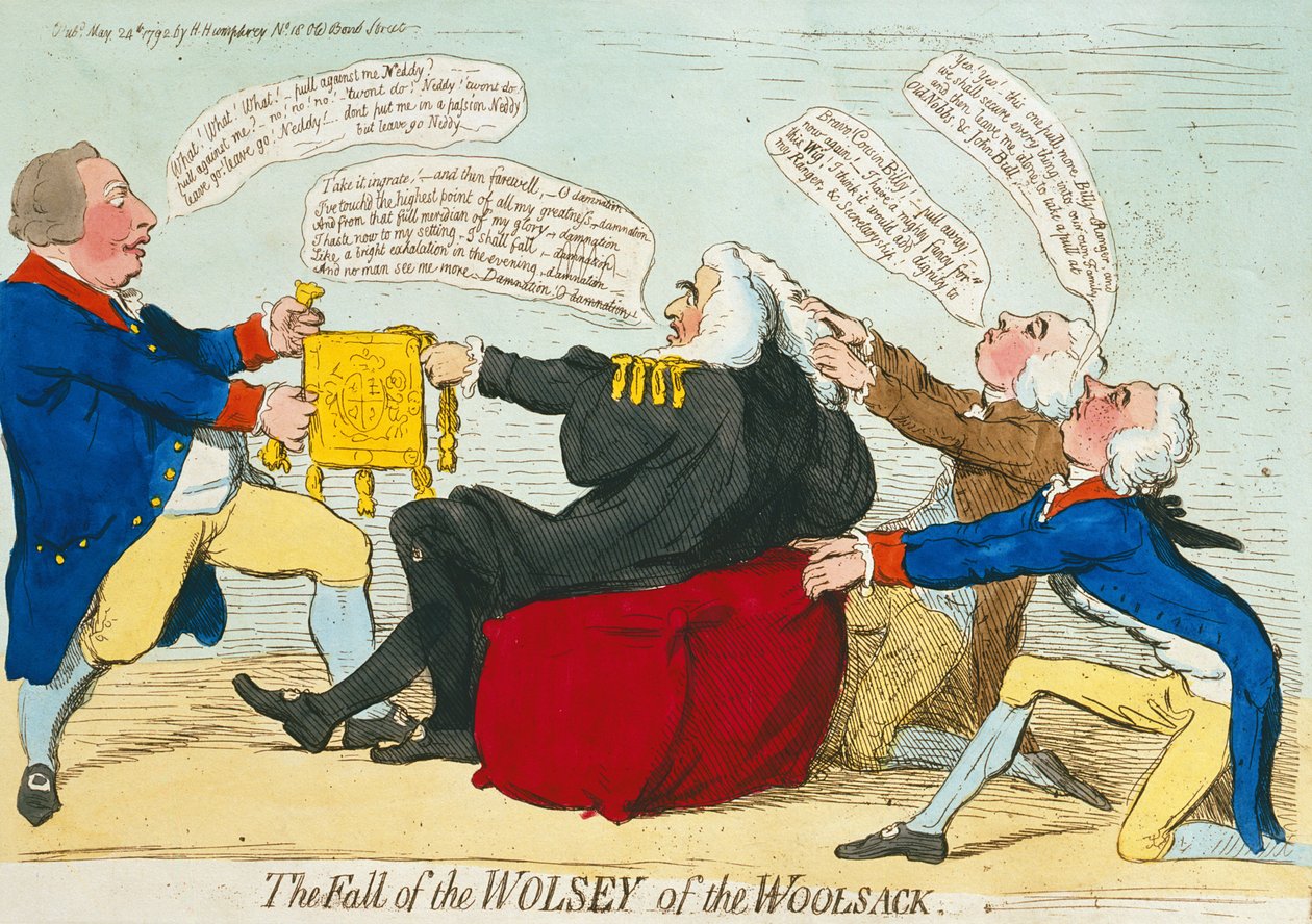 The Fall of the Wolsey of the Woolack, udgivet af Hannah Humphrey i 1792 (håndkoloreret radering) af James Gillray