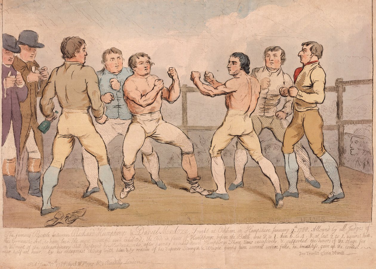 Den berømte kamp mellem Richard Humphreys og Daniel Mendoza, 9. januar 1788, pub. 1788 (håndfarvet gravering) af James Gillray