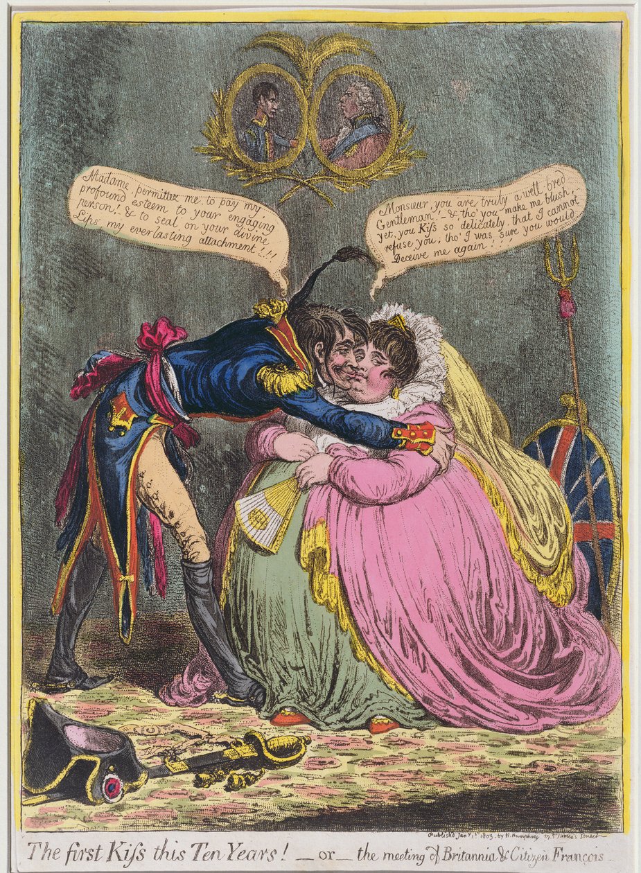 The First Kiss in Ten Years! or The Meeting of Britannia und Citizen Francois, udgivet af Hannah Humphrey i 1803 (håndkoloreret radering med akvatint) af James Gillray