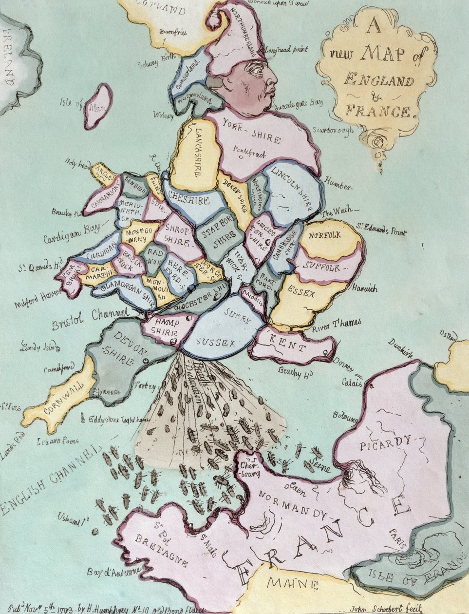 The French Invasion, or John Bull Bombarding the Bum-Boats, udgivet af Hannah Humphrey i 1793 (håndkoloreret radering) af James Gillray