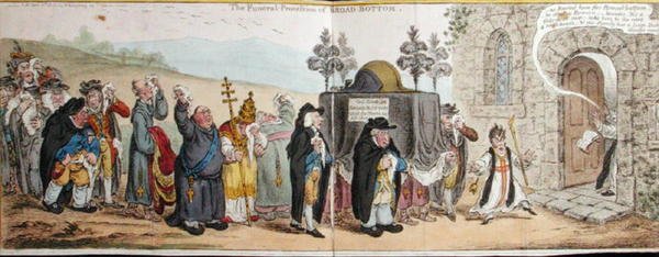 The Funeral Procession of Broad-Bottom, udgivet af Hannah Humphrey i 1807 (håndkoloreret radering) af James Gillray