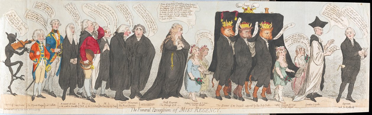 The Funeral Procession of Miss Regency, pub. 1789 (håndfarvet gravering) af James Gillray