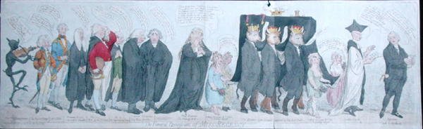 The Funeral Procession of Miss Regency, udgivet af S.W. Fores i 1789 (håndfarvet radering) af James Gillray
