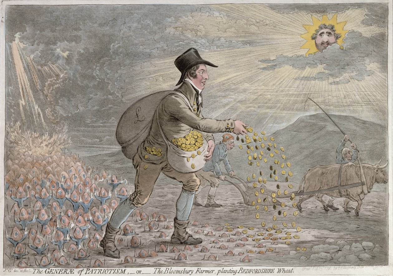The Generae of Patriotism, eller The Bloomsbury Farmer planting Bedfordshire Wheat, udgivet af Hannah Humphrey i 1796 (håndfarvet radering) af James Gillray