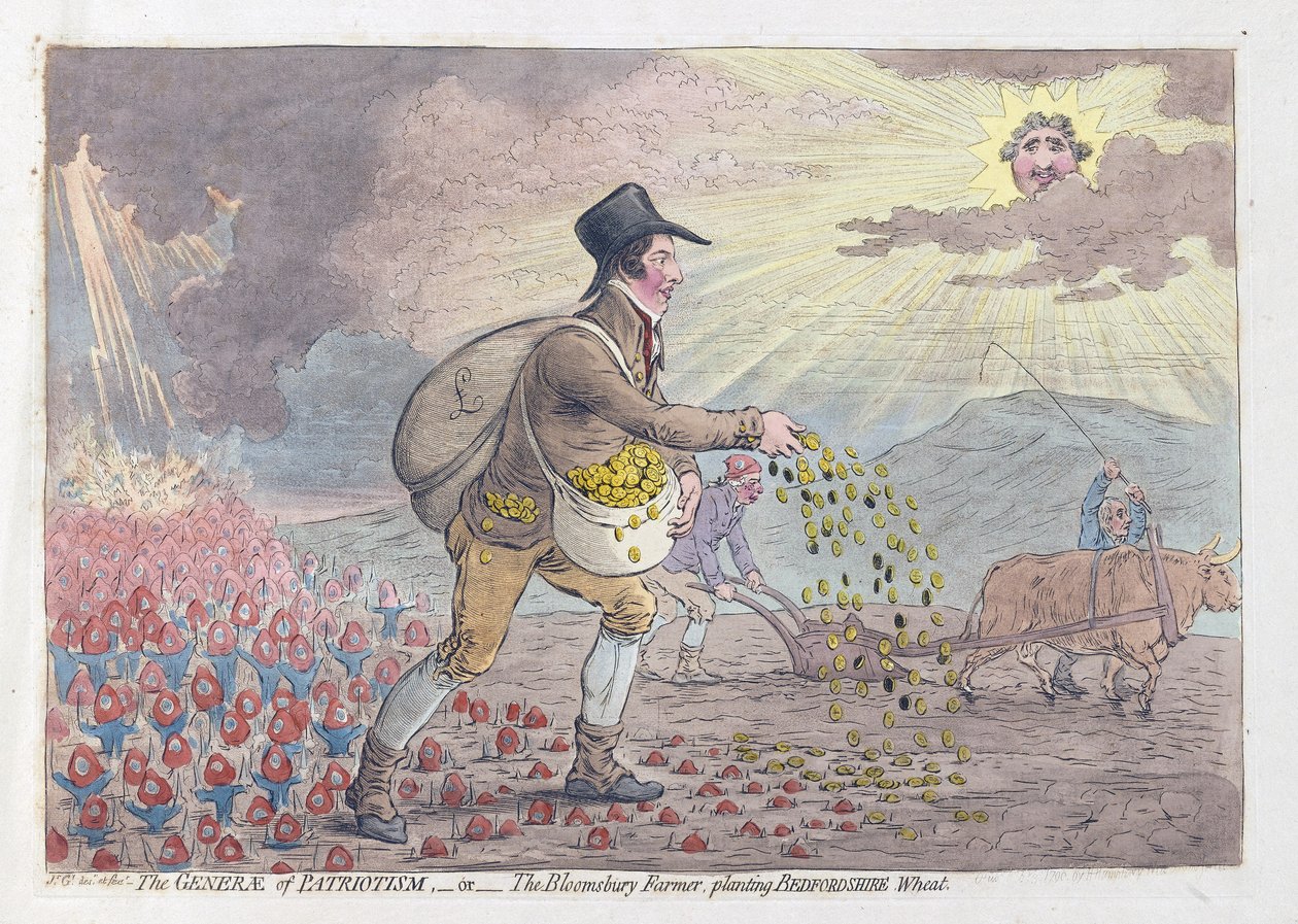 The Generae of Patriotism, eller The Bloomsbury Farmer, der planter Bedfordshire Wheat, pub. 1796 (håndfarvet gravering) af James Gillray