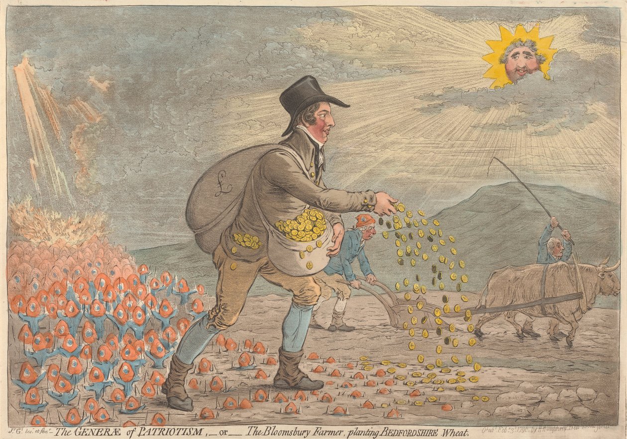 Patriotismens general - eller - Bloomsbury-bonden, der planter hvede fra Bedfordshire af James Gillray