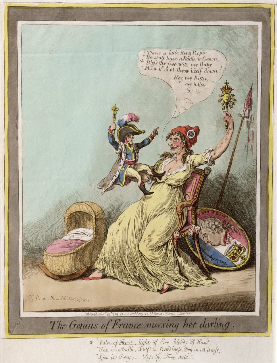 The Genius of France Nursing her Darling, udgivet af Hannah Humphrey i 1804 (håndkoloreret radering) af James Gillray