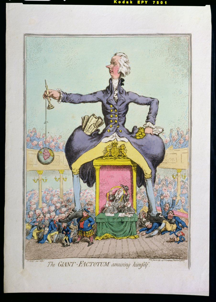 The Giant Factotum, der morer sig, udgivet af Hannah Humphrey i 1797 (håndfarvet radering) af James Gillray