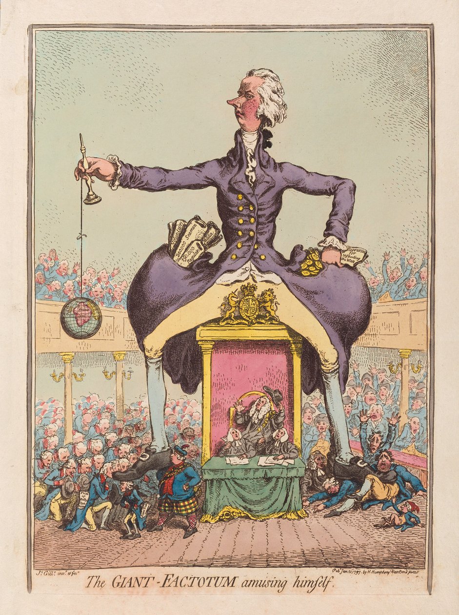 The Giant Factotum underholder sig selv, pub. 1797 (håndfarvet gravering) af James Gillray