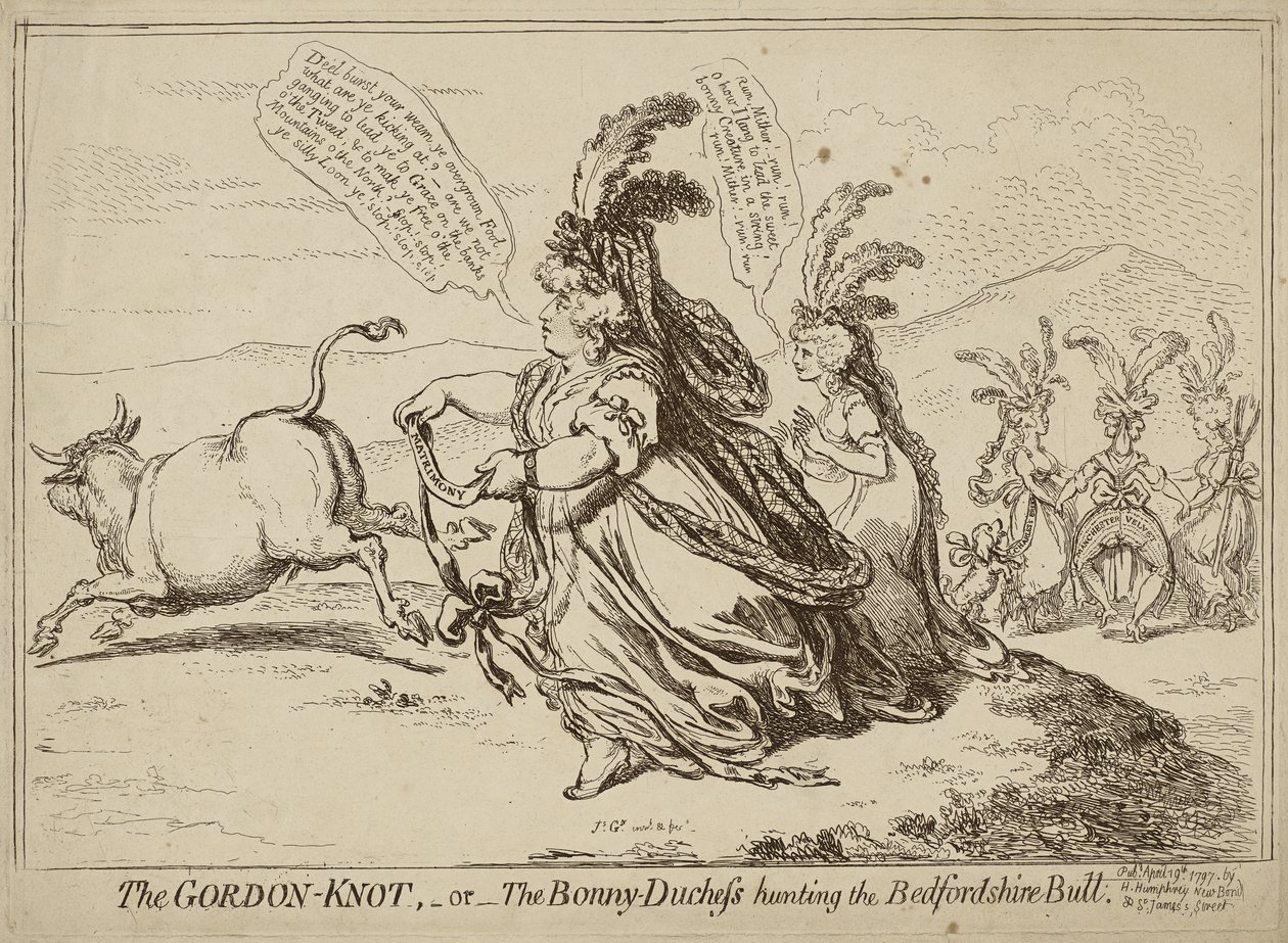 Gordon Knot eller The Bonny-Duchess Hunting the Bedfordshire Bull, offentliggjort 29. april 1797 (radering på vævet papir) af James Gillray