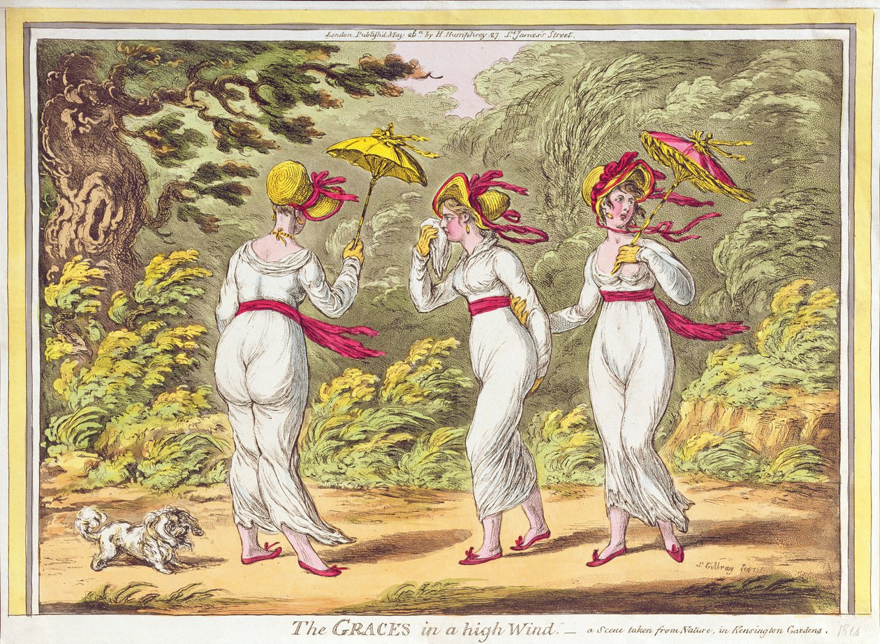 The Graces in a High Wind, en scene taget fra Nature in Kensington Gardens, pub. af Hannah Humphrey, 1810 af James Gillray