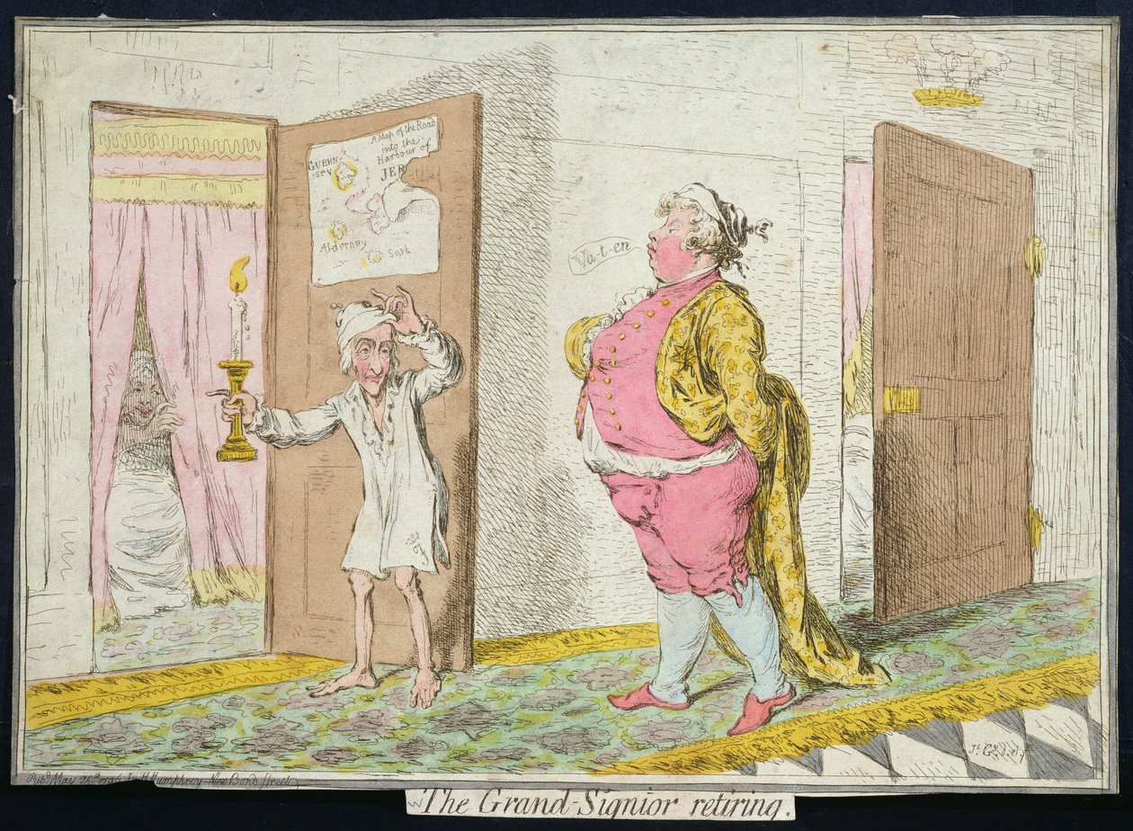 The Grand-Signior Retiring, udgivet af Hannah Humphrey i 1796 (håndfarvet radering) af James Gillray