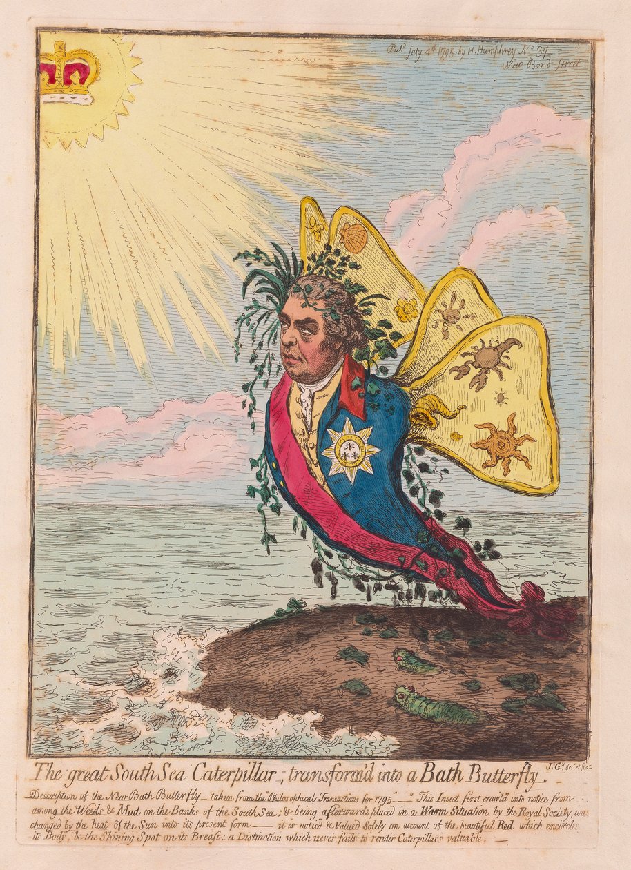 The Great South Sea Caterpillar, omdannet til en Bath Butterfly, pub. 1792 (håndfarvet gravering) af James Gillray
