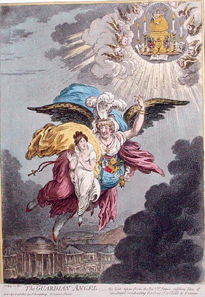The Guardian Angel, udgivet af Hannah Humphrey i 1805 (håndfarvet radering) af James Gillray