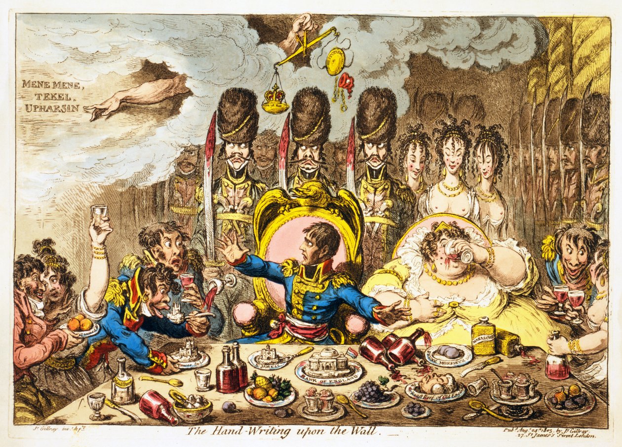 The Hand-Writing upon the Wall, pub. 1803 (håndfarvet gravering) af James Gillray