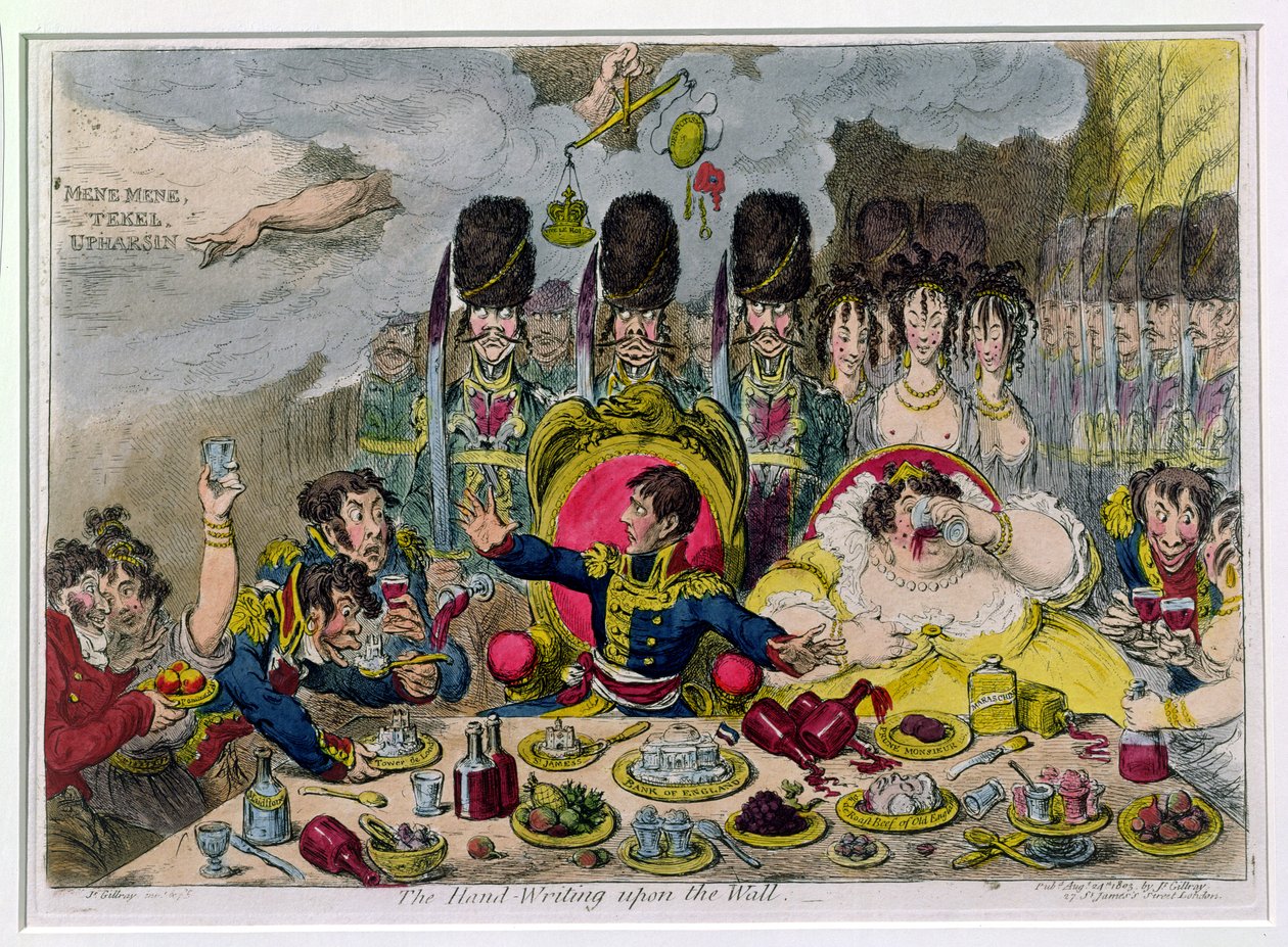 The Hand-Writing upon the Wall, udgivet af Hannah Humphrey i 1803 (håndfarvet radering) af James Gillray