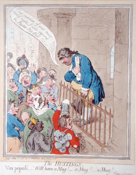The Hustings, udgivet af Hannah Humphrey i 1796 (håndfarvet radering) af James Gillray