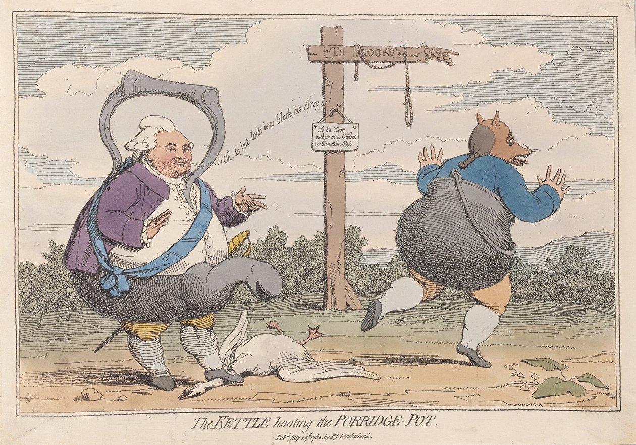 The Kettle Hooting the Porridge-Pot, pub. 1782 (håndfarvet gravering) af James Gillray