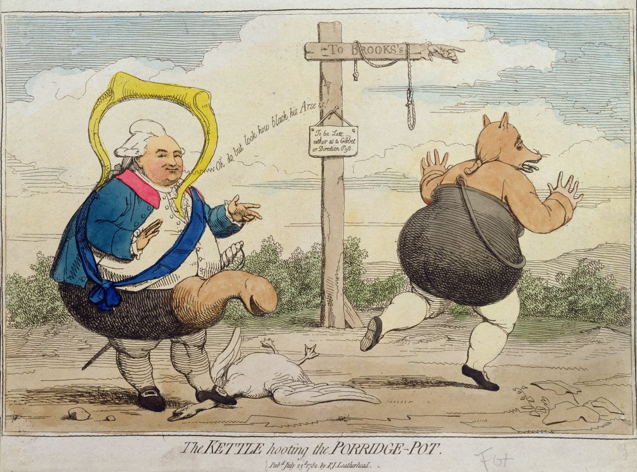The Kettle Hooting the Porridge-Pot, udgivet af P.J. Leatherhead i 1782 (håndfarvet radering) af James Gillray
