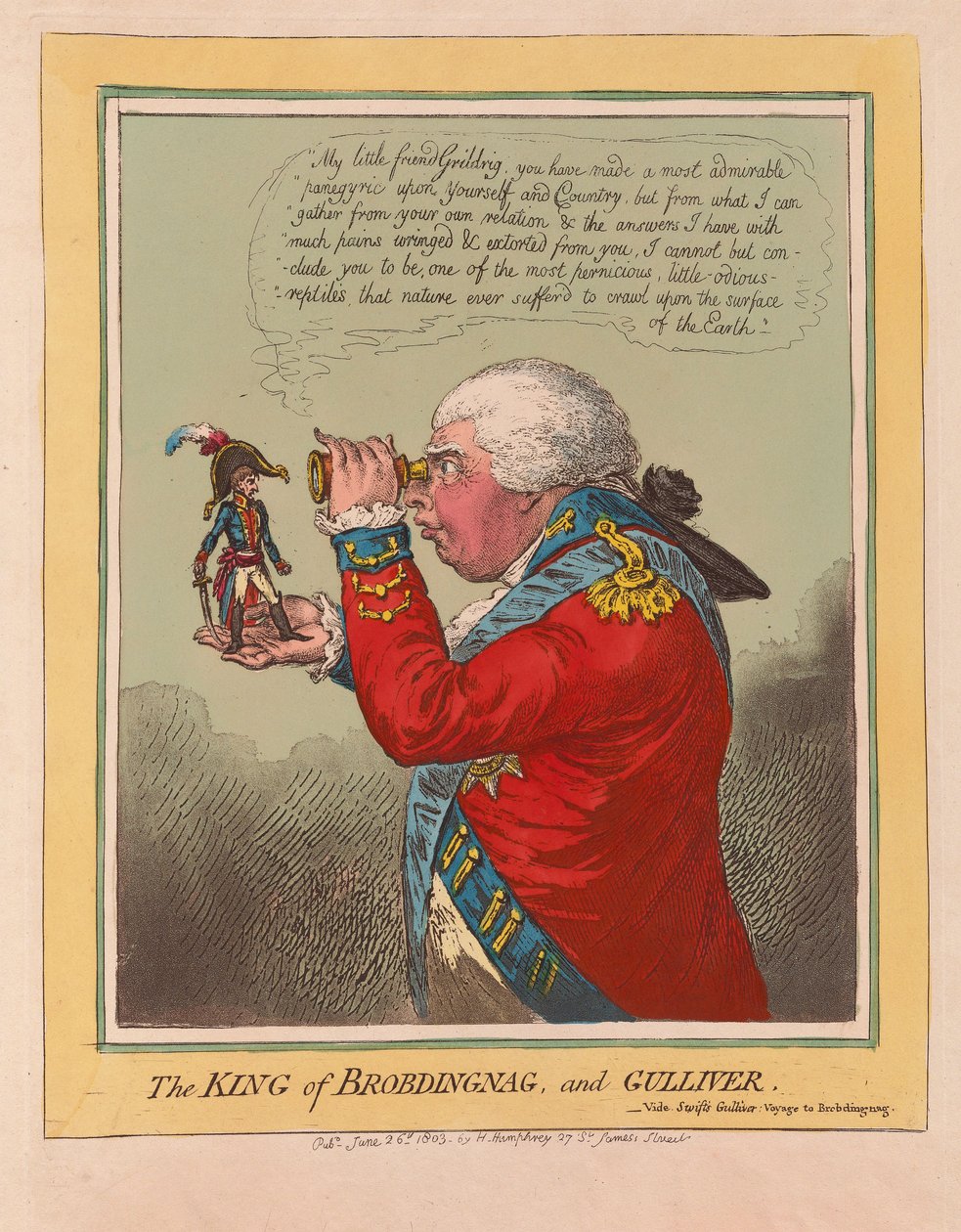 Kongen af Brobdingnag og Gulliver, pub. 1803 (håndfarvet gravering) af James Gillray