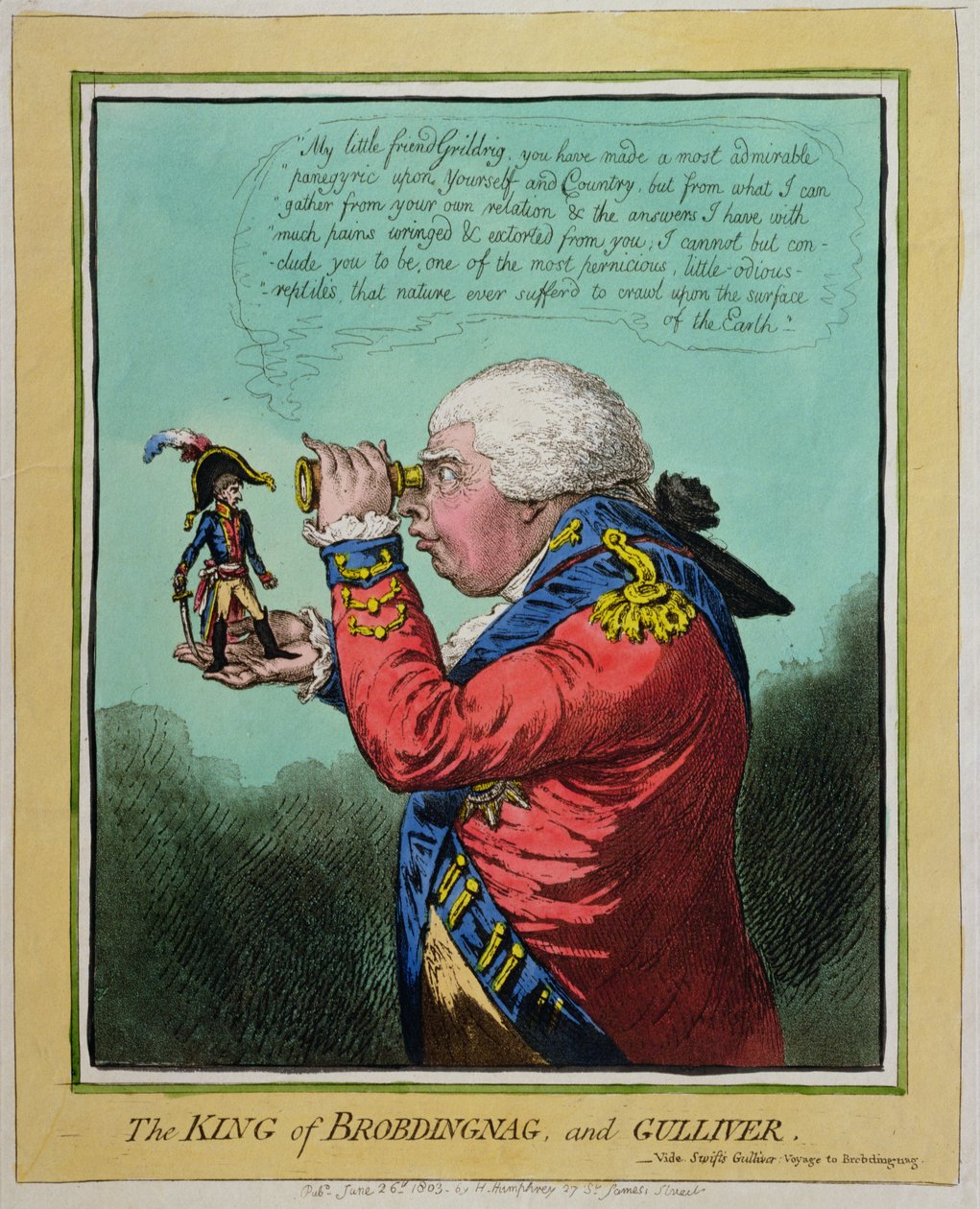 Kongen af Brobdingnag og Gulliver, udgivet af Hannah Humphrey i 1803 (håndfarvet radering) af James Gillray