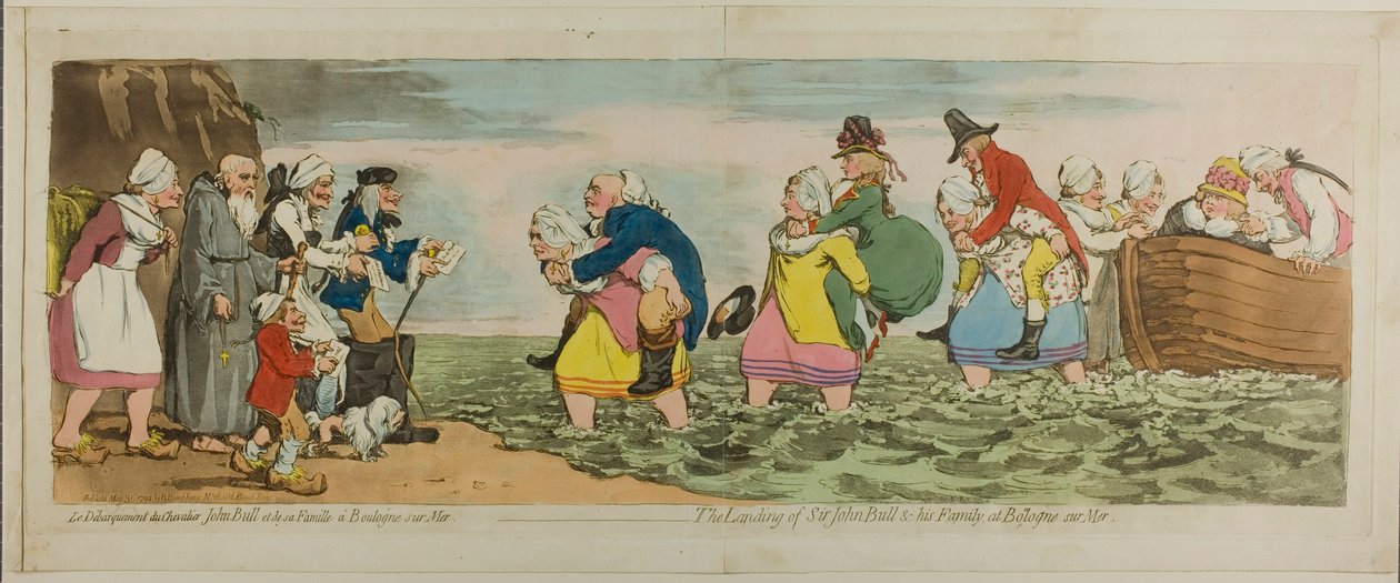 Landingen af Sir John Bull og hans familie i Boulogne sur mer af James Gillray